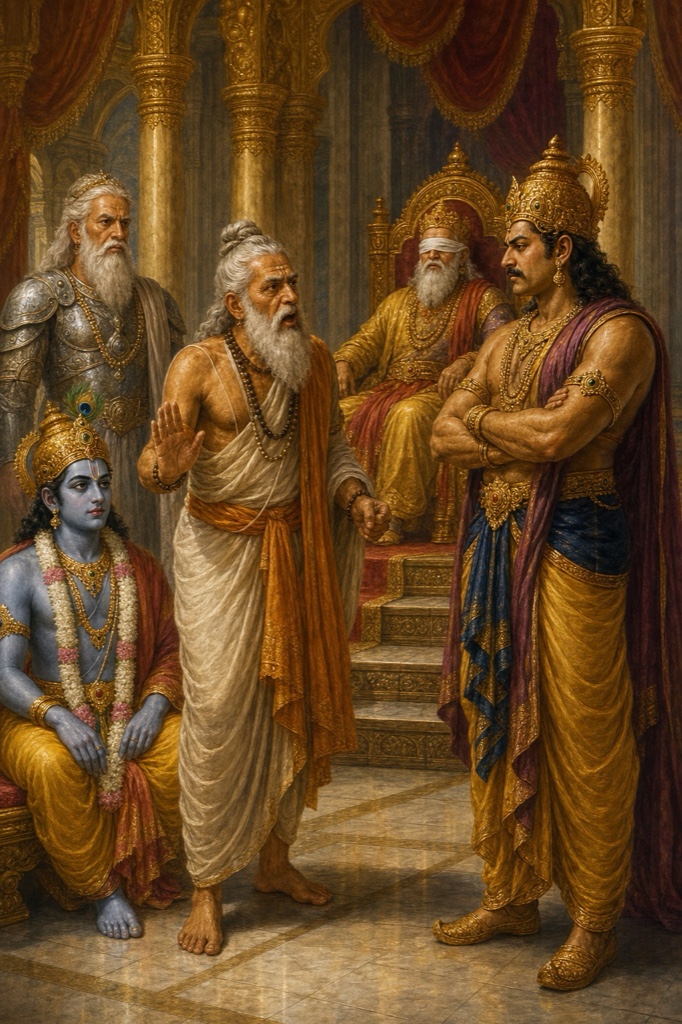 सभा में एक वृद्ध सभासद हाथ उठाकर बाँहें मोड़े खड़े दुर्योधन को समझाते हैं, कृष्ण पास बैठे हैं।