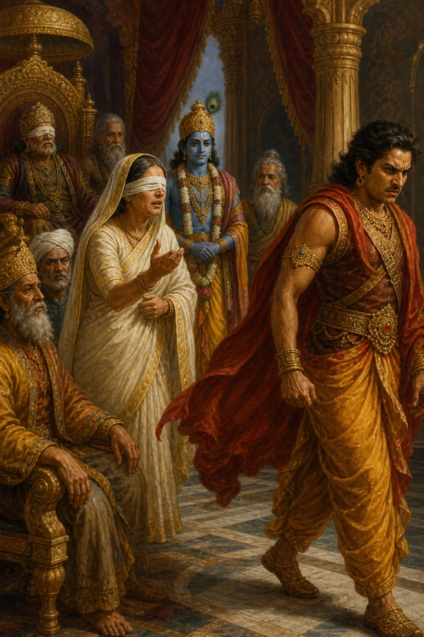 आँखों पर पट्टी बाँधे गांधारी हाथ बढ़ाकर पुकारती हैं, क्रोधित दुर्योधन सभा छोड़कर बाहर जाता है।
