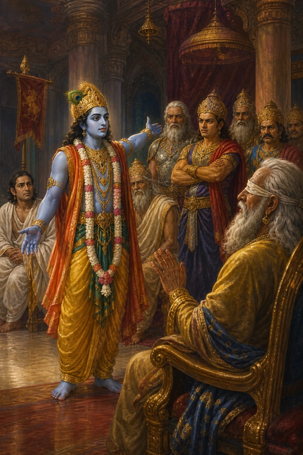 कृष्ण भुजा फैलाकर धृतराष्ट्र को अंतिम चेतावनी देते हैं, पीछे खड़े योद्धा क्रोध से सुनते हैं।