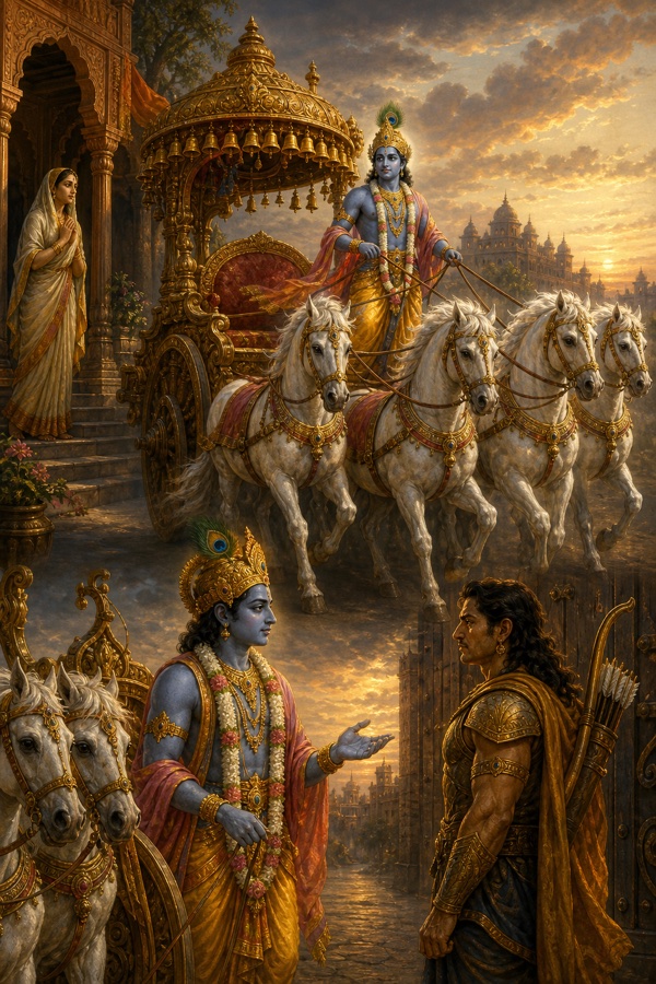 हस्तिनापुर से लौटते समय कृष्ण रथ से उतरकर मार्ग में कर्ण से एकांत में बात करते हैं।