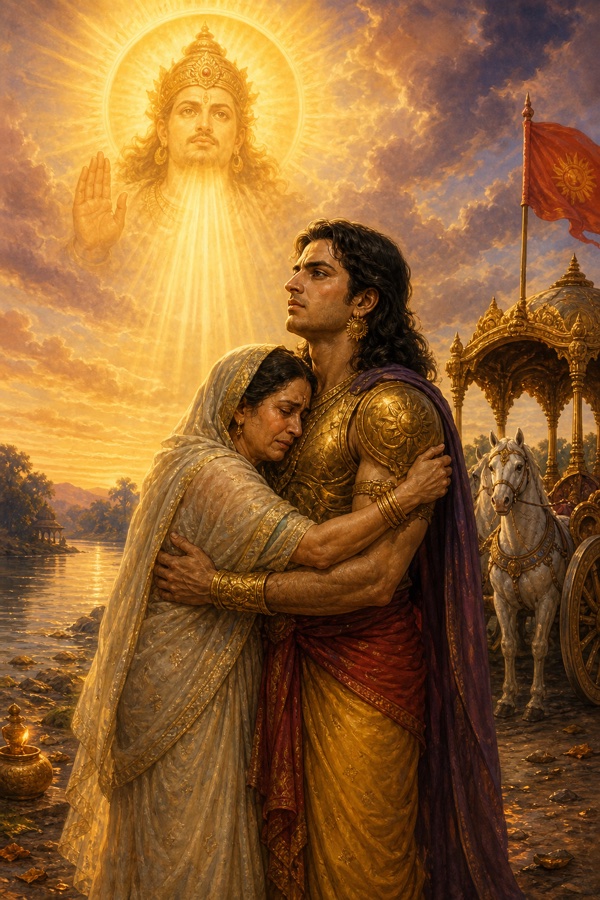 Kunti embraces Karna; in the sky the radiant sun god raises a hand in witness.