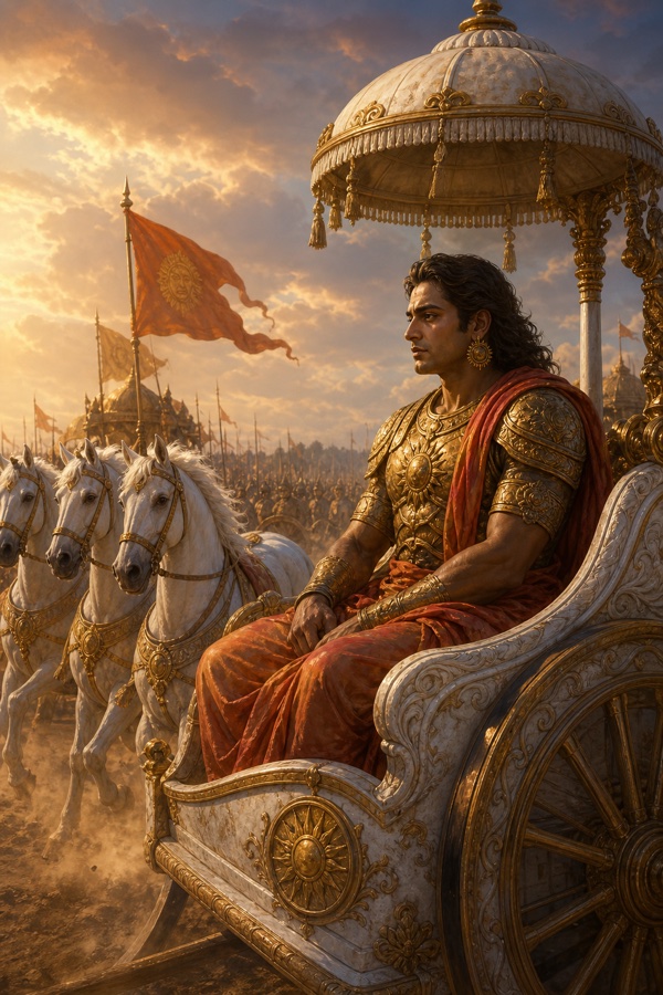 Seated on the white chariot beneath a canopy, Karna looks out toward a battlefield full of banners.