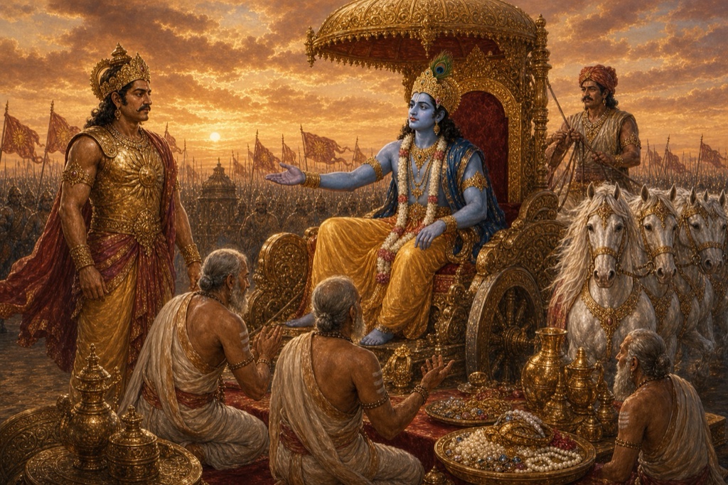 Krishna, seated on the chariot, speaks with an outstretched hand; Brahmanas sit holding trays of jewels, and Karna in his armor stands nearby.