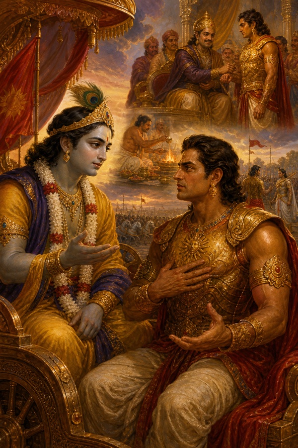 Karna sits before Krishna with a hand on his heart; above, a memory of the crowning Duryodhana gave him glimmers.