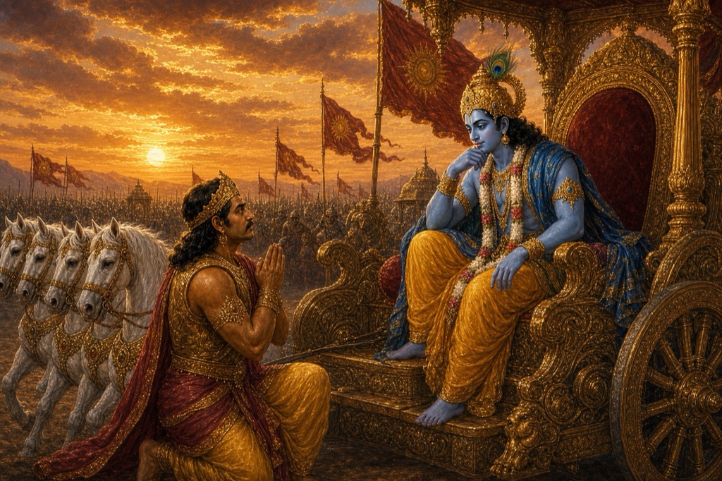 In the red of sunset, Karna kneels with joined palms and takes his leave of Krishna on the chariot.