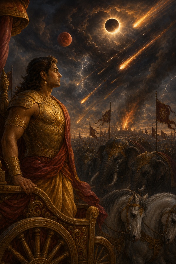 Standing on the chariot, Karna watches the ill omens: an eclipsed sun, falling meteors, and lightning.