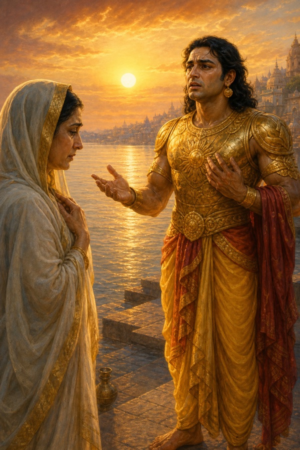 On the riverbank at dusk, Karna spreads his hands and tells Kunti the pain in his heart.
