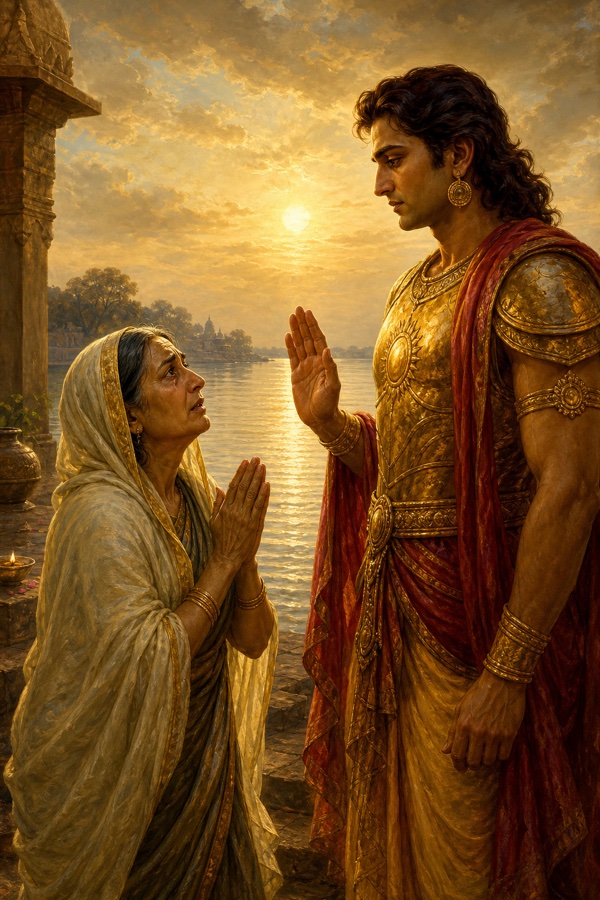 Kunti pleads with joined palms; Karna raises his hand and pledges not to kill four of the brothers.