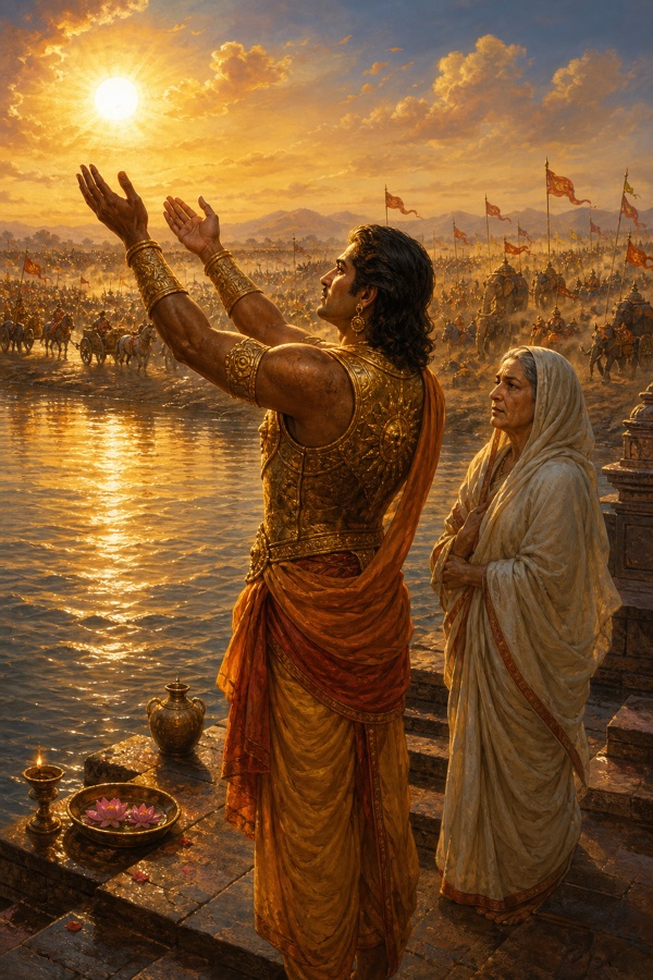 On the bank, Karna raises both arms and salutes the rising sun, Kunti standing behind him.