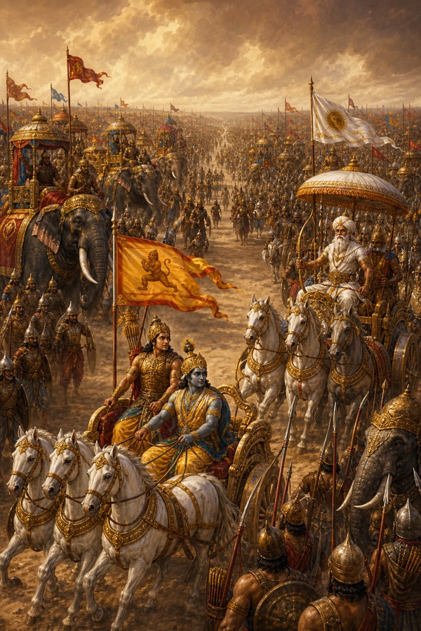 कृष्ण और अर्जुन का स्वर्ण रथ श्वेत अश्वों सहित दोनों विशाल सेनाओं के बीच खड़ा है, सामने भीष्म का रथ।