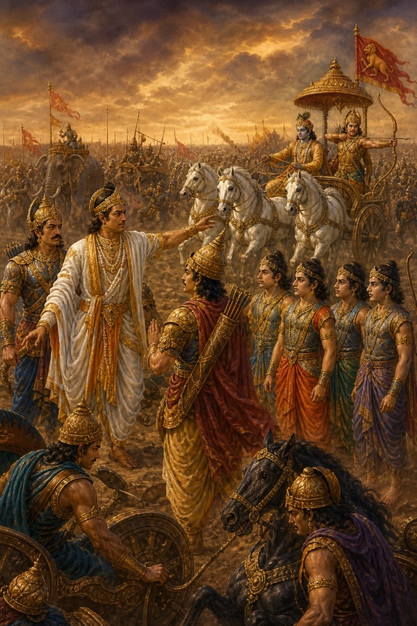 श्वेत वस्त्र पहने युधिष्ठिर निहत्थे योद्धाओं के बीच आगे बढ़ते हैं, पीछे रथ पर कृष्ण और धनुष ताने अर्जुन।