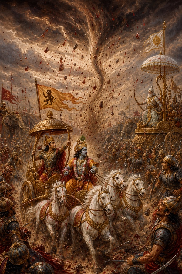 रक्त की बूंदों और बवंडर से भरे आकाश के नीचे अर्जुन धनुष ताने रथ पर हैं, कृष्ण रास थामे हैं।
