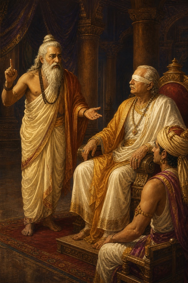 वृद्ध ऋषि व्यास सिंहासन पर बैठे नेत्रहीन धृतराष्ट्र को समझाते हैं, पास पगड़ी पहने संजय बैठे हैं।