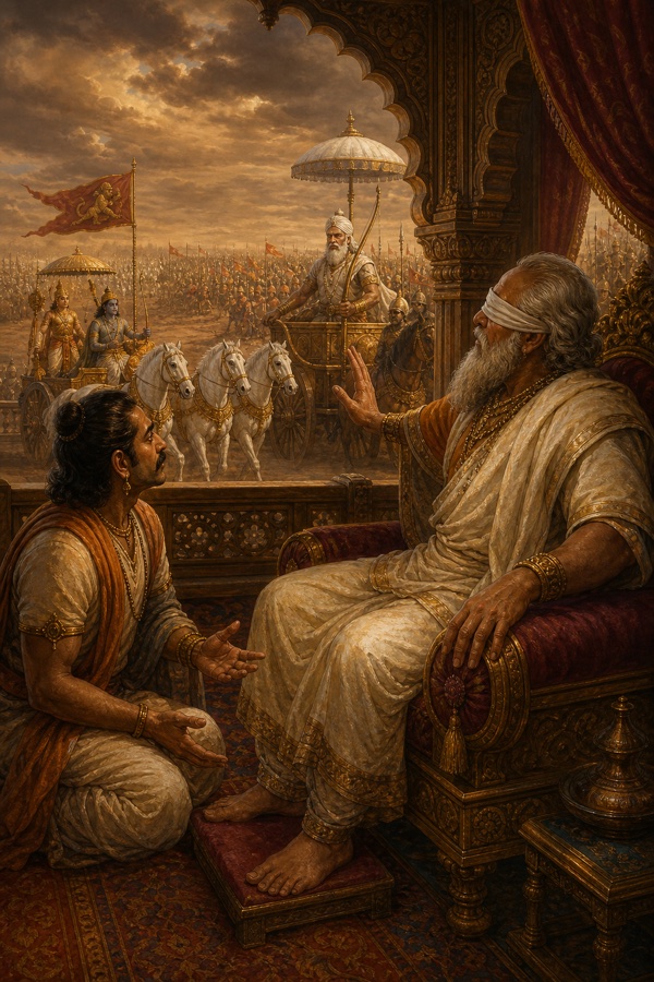 संजय झरोखे से दिखते रणक्षेत्र का वर्णन करते हैं, सिंहासन पर बैठे धृतराष्ट्र हाथ बढ़ाकर सुनते हैं।