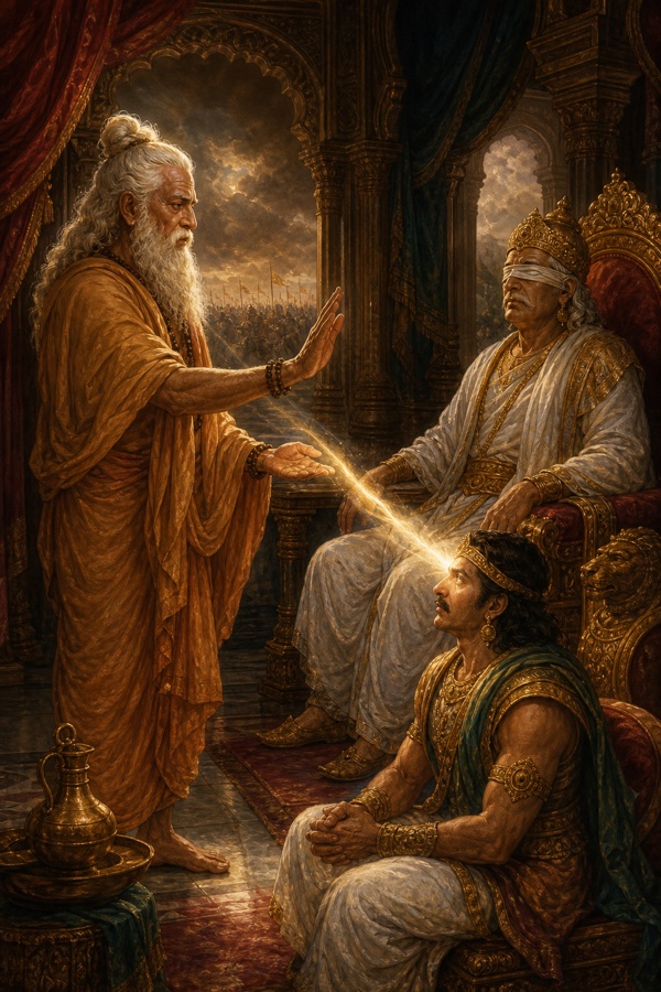 ऋषि व्यास की हथेली से निकली प्रकाश-किरण बैठे हुए संजय के नेत्रों तक पहुंचती है, पीछे धृतराष्ट्र बैठे हैं।