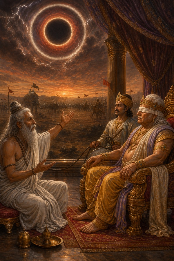 आकाश में ग्रहण जैसा काला घेरा और बिजलियां दिखती हैं, ऋषि व्यास धृतराष्ट्र को अपशकुन बताते हैं।