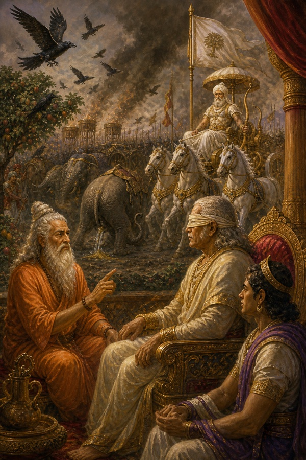 कौवों और धुएं से भरे आकाश के नीचे व्यास धृतराष्ट्र को चेताते हैं, पीछे भीष्म का श्वेत रथ दिखता है।