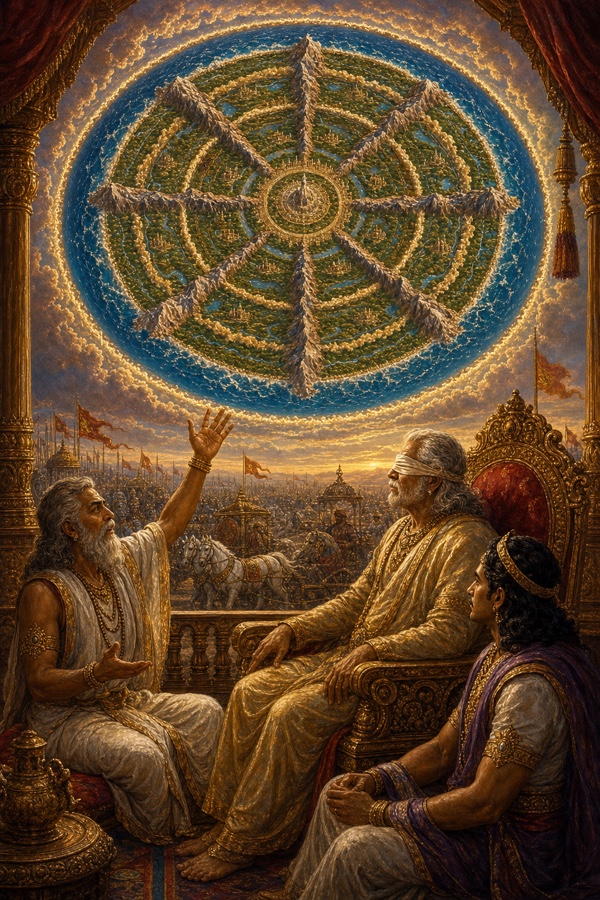 संजय हाथ उठाकर आकाश में झलकते गोलाकार भूमंडल का दिव्य दृश्य दिखाते हैं, धृतराष्ट्र सिंहासन पर सुनते हैं।