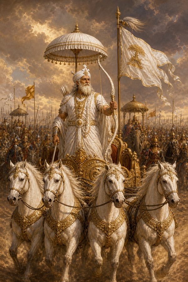 श्वेत वस्त्र और श्वेत छत्र वाले वृद्ध भीष्म ताड़-चिह्न वाली ध्वजा के साथ स्वर्ण रथ पर धनुष थामे हैं।