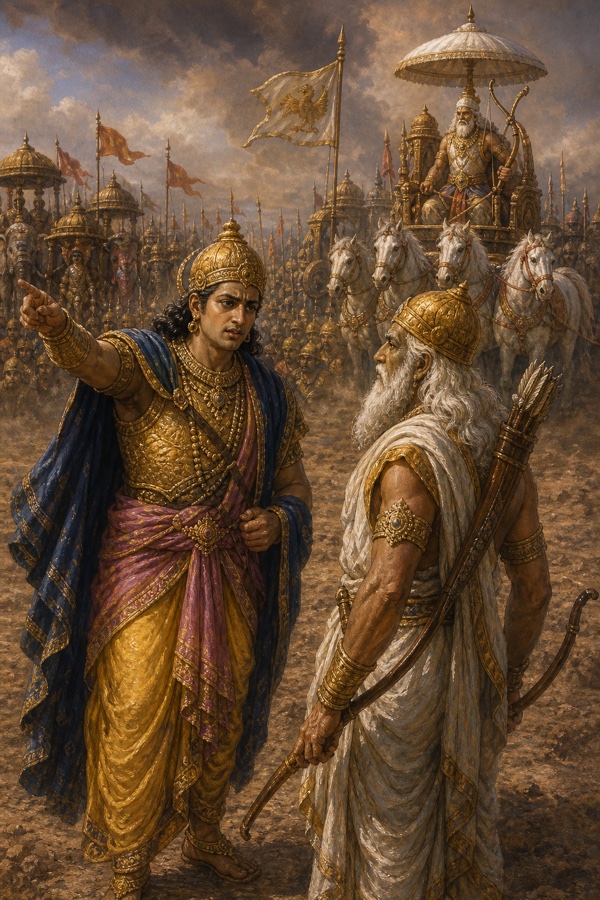 दुर्योधन हाथ उठाकर पांडव सेना की ओर संकेत करते हुए वृद्ध आचार्य द्रोण से बात करते हैं।
