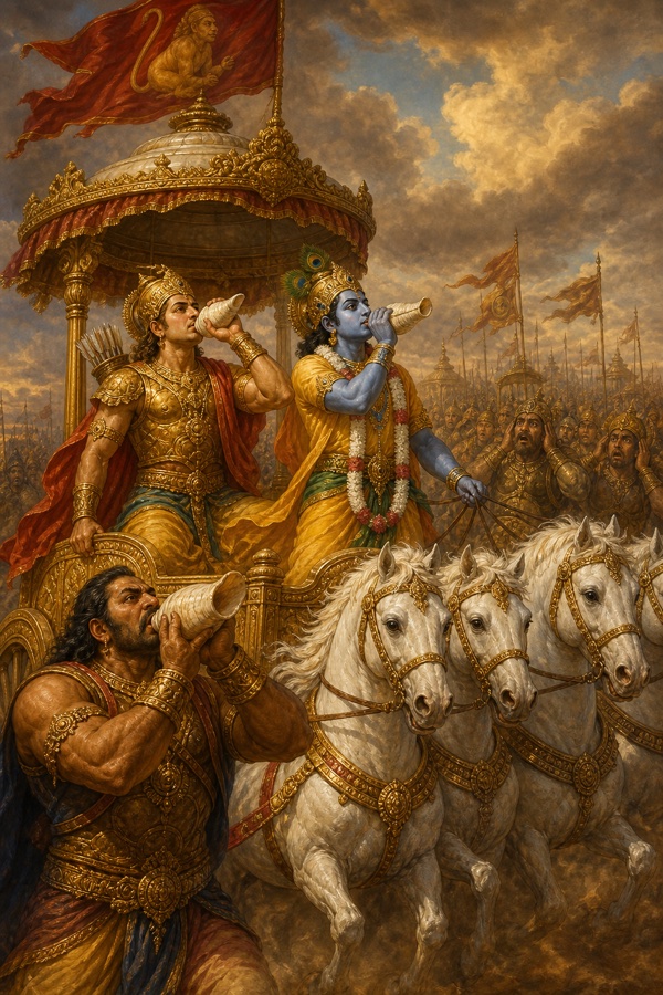 कृष्ण और अर्जुन रथ पर शंख फूंकते हैं, आगे बलशाली भीम भी शंख बजाते हैं, सैनिक कान मूंदते हैं।