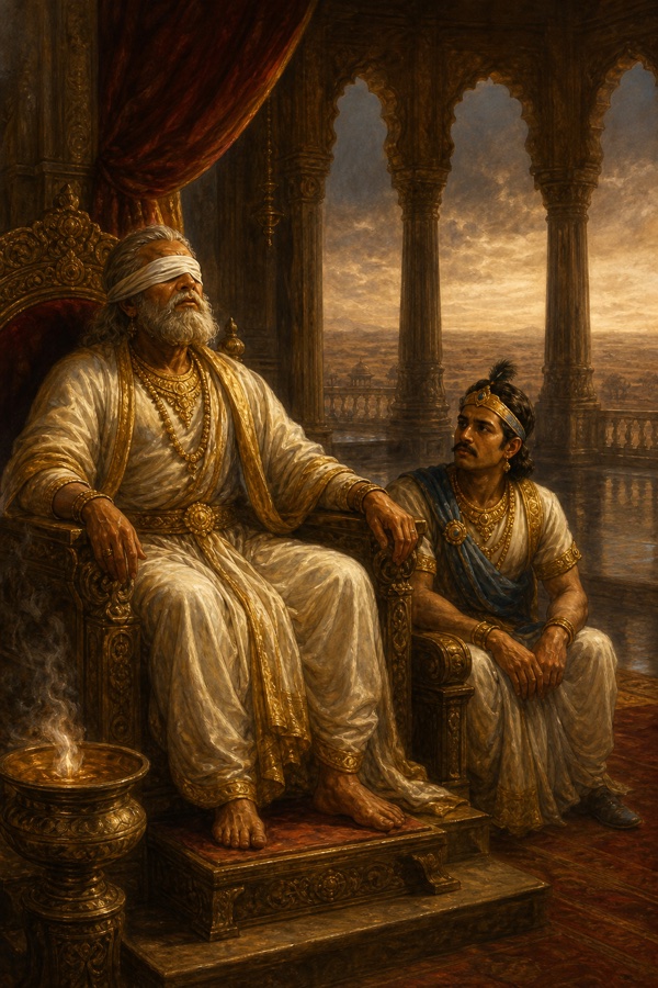 पट्टी बांधे धृतराष्ट्र सिंहासन पर बैठे हैं, पास बैठे संजय चिंतित भाव से उनकी ओर देखते हैं।