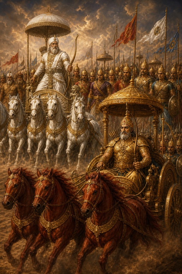 श्वेत रथ पर वृद्ध भीष्म और आगे लाल घोड़ों वाले रथ पर स्वर्ण-कवचधारी योद्धा सेना सहित बढ़ते हैं।
