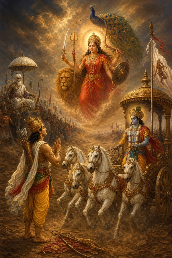 अर्जुन हाथ जोड़कर सिंह सहित प्रकट देवी दुर्गा की स्तुति करते हैं, पीछे कृष्ण रथ पर बैठे हैं।