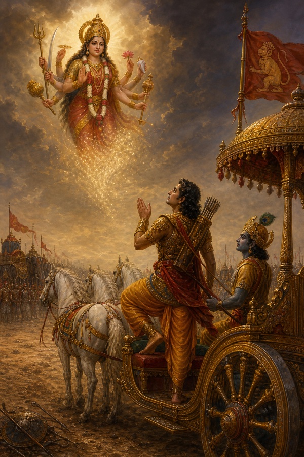अष्टभुजा देवी दुर्गा प्रकाश-पुंज में प्रकट होती हैं, रथ पर खड़े अर्जुन हाथ जोड़े ऊपर देखते हैं, पास कृष्ण।