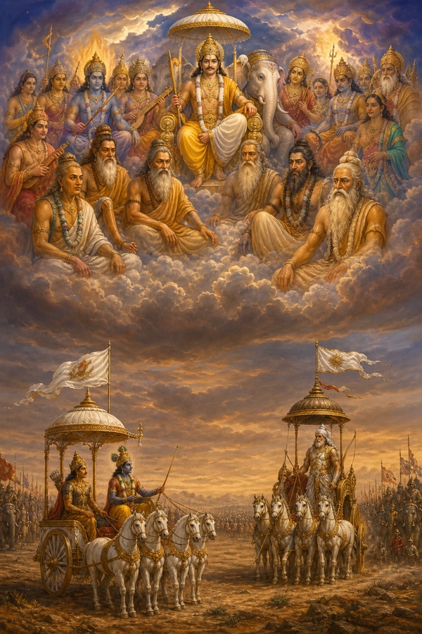 बादलों पर देवता और ऋषि युद्ध देखने जुटे हैं, नीचे कृष्ण-अर्जुन और भीष्म के रथ आमने-सामने खड़े हैं।