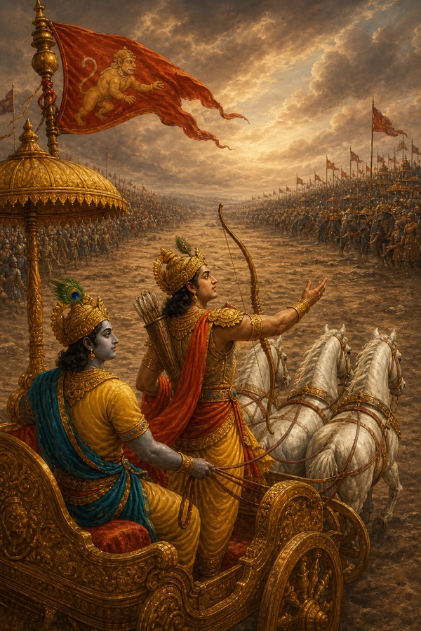 हनुमान-ध्वज तले अर्जुन हाथ बढ़ाकर कृष्ण से रथ दोनों सेनाओं के बीच ले चलने को कहते हैं।