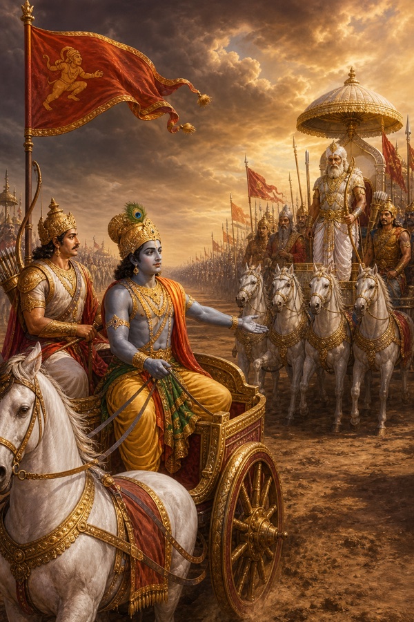 कृष्ण रथ रोककर हाथ के संकेत से अर्जुन को श्वेत वस्त्रधारी भीष्म और कौरव योद्धा दिखाते हैं।