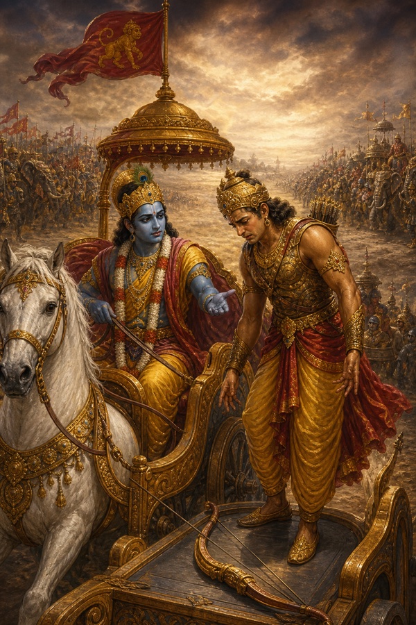 अर्जुन सिर झुकाए रथ पर खड़े हैं, धनुष नीचे पड़ा है, कृष्ण हाथ बढ़ाकर उनसे कुछ कहते हैं।