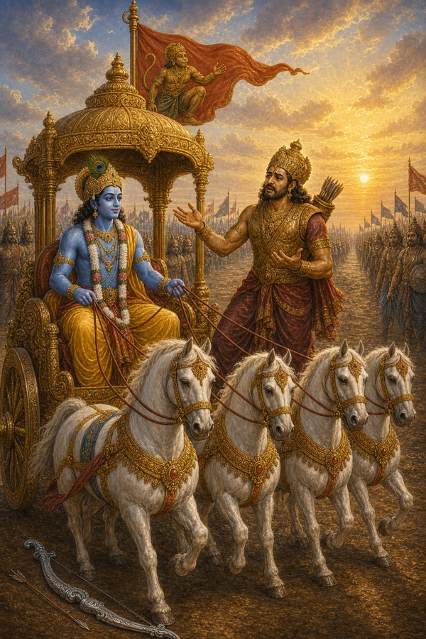 अर्जुन व्याकुल भाव से दोनों हाथ फैलाए रथ पर बैठे कृष्ण से बोलते हैं, धनुष भूमि पर पड़ा है।