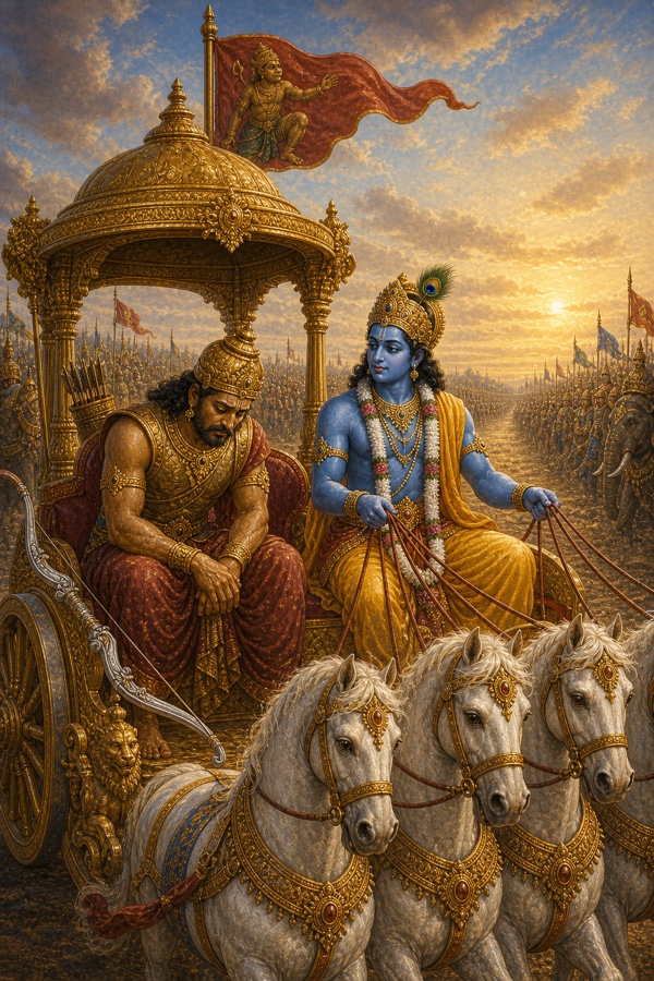 सिर झुकाए उदास अर्जुन रथ के आसन पर बैठे हैं, पास कृष्ण रास थामे शांत भाव से बैठे हैं।