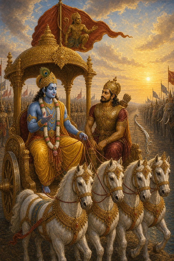 कृष्ण हाथ उठाकर सामने बैठे अर्जुन को समझाते हैं, पीछे दोनों सेनाएं और क्षितिज पर सूर्य दिखता है।