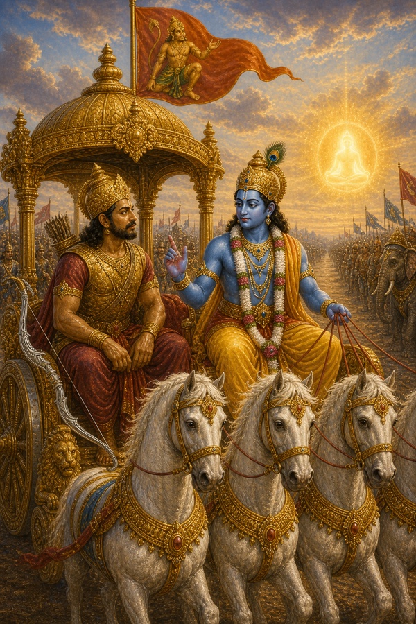 कृष्ण उंगली उठाकर उपदेश देते हैं, आकाश में प्रकाशमान ध्यानस्थ आकृति अमर आत्मा का संकेत करती है।