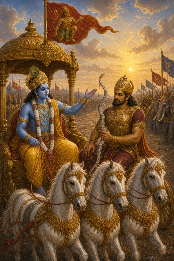 कृष्ण हाथ के संकेत से सेनाओं की ओर दिखाते हैं, धनुष थामे अर्जुन ध्यान से उनकी बात सुनते हैं।