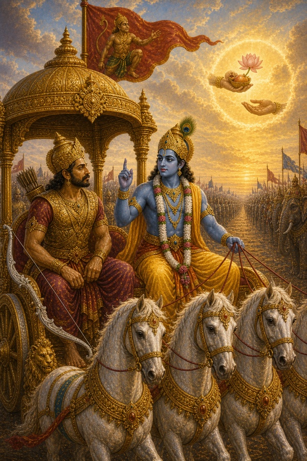 कृष्ण उंगली उठाकर अर्जुन को समझाते हैं, आकाश के प्रकाश-मंडल में कमल और फल अर्पित करते हाथ दिखते हैं।