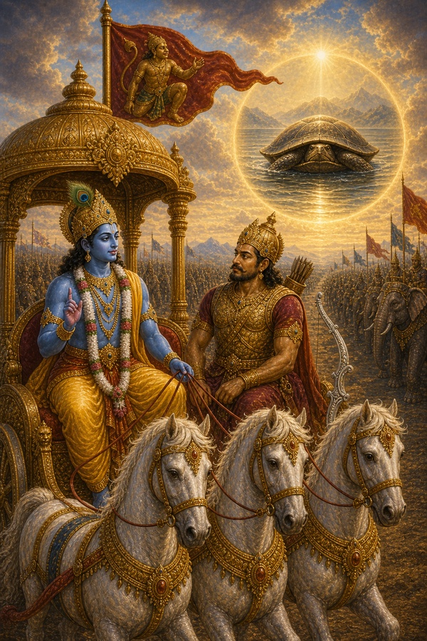 आकाश के प्रकाश-वृत्त में अंग समेटता कछुआ दिखता है, कृष्ण अर्जुन को इंद्रिय-संयम का दृष्टांत समझाते हैं।