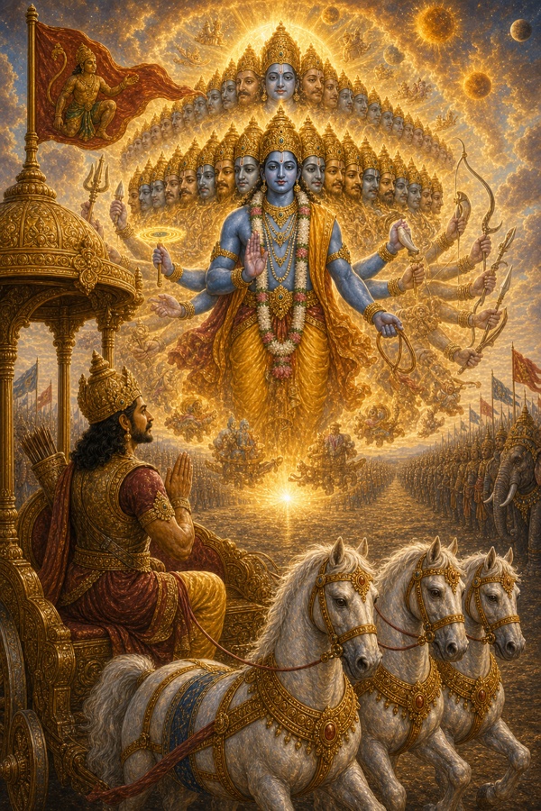 अनगिनत मुखों और शस्त्रधारी भुजाओं वाला कृष्ण का विराट विश्वरूप आकाश भरता है, अर्जुन रथ पर हाथ जोड़े देखते हैं।