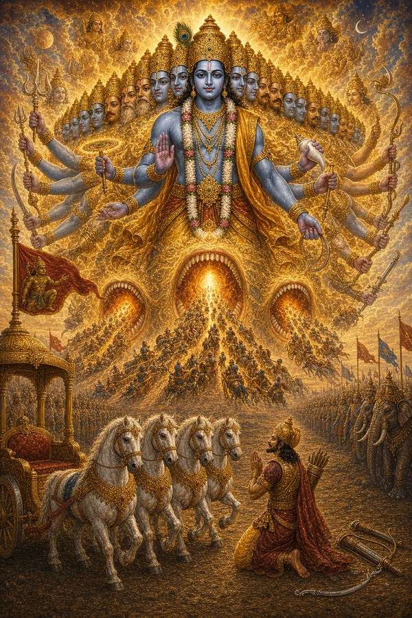 आकाश-व्यापी विश्वरूप के जलते मुखों में सेनाएं समा रही हैं, अर्जुन भूमि पर घुटने टेककर हाथ जोड़ते हैं।