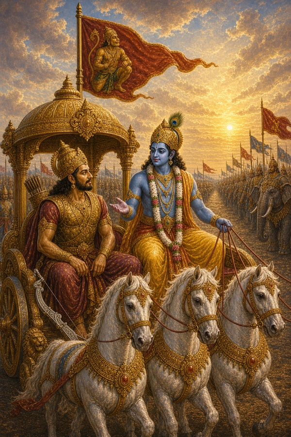 रथ पर बैठे कृष्ण खुले हाथ से अर्जुन को समझाते हैं, अर्जुन शांत भाव से उनकी ओर देखते हैं।