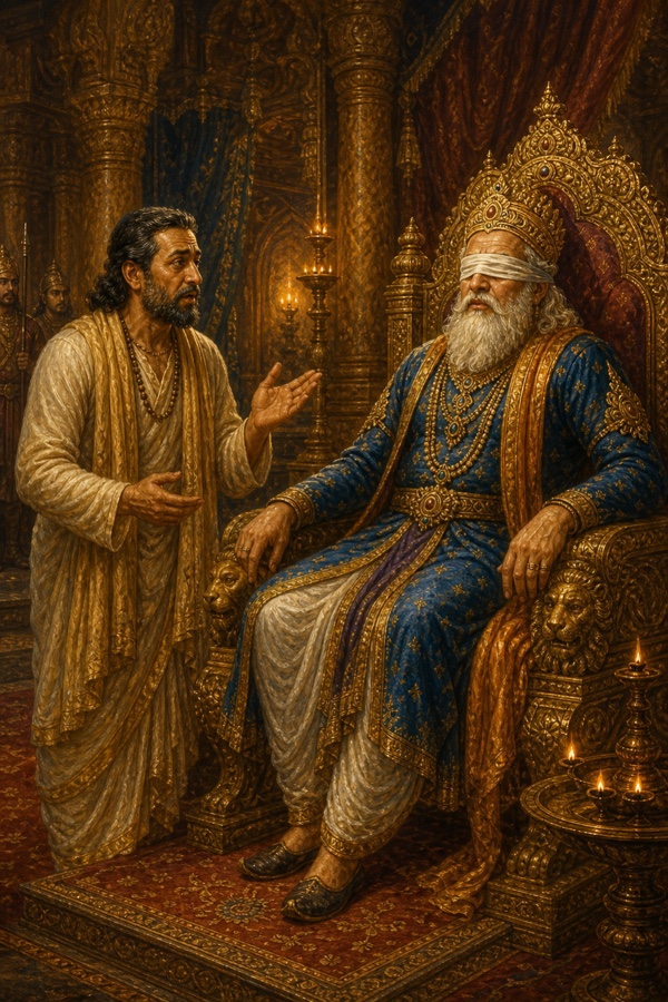 दीपों से आलोकित सभा में संजय हाथ उठाकर सिंहासन पर बैठे धृतराष्ट्र को गीता का संवाद सुनाते हैं।