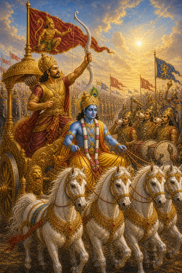 अर्जुन रथ पर खड़े होकर धनुष ऊंचा उठाते हैं, कृष्ण रास थामे हैं, सैनिक शंख-नगाड़े बजाते हैं।