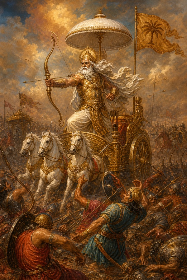 भीष्म स्वर्ण कवच में रथ पर धनुष तानकर युद्धभूमि में सैनिकों पर बाण बरसाते हुए।