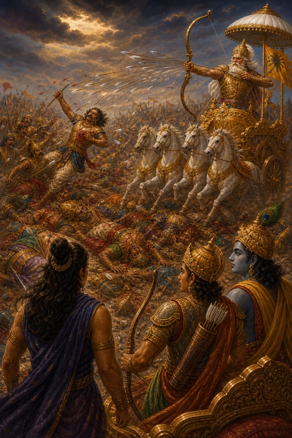 रथारूढ़ भीष्म के बाणों से घायल होकर गिरता एक योद्धा, दूर से कृष्ण और अर्जुन देखते हुए।