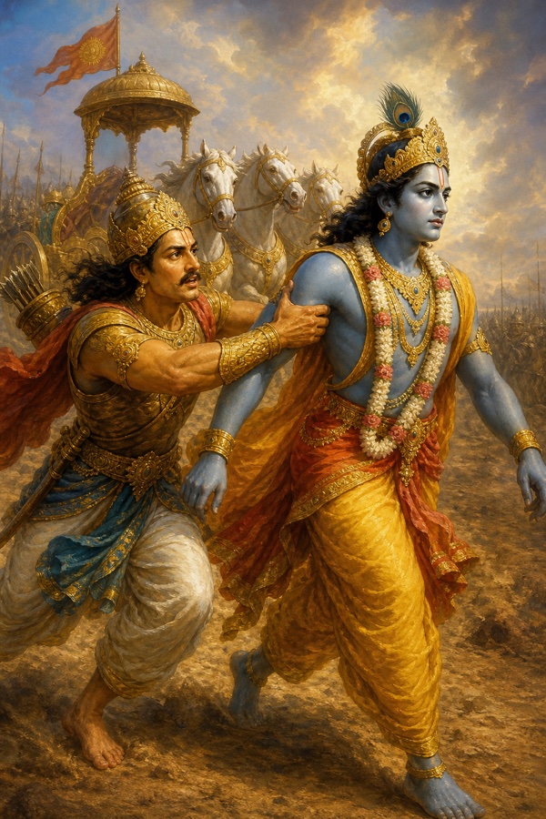 क्रोध में भीष्म की ओर बढ़ते कृष्ण को अर्जुन युद्धभूमि में बांह पकड़कर रोकते हुए।