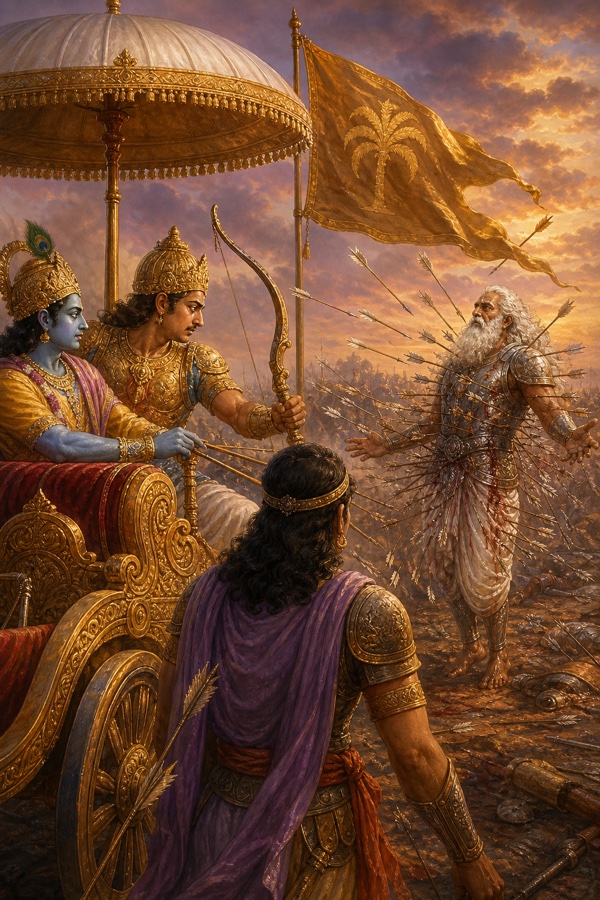 कृष्ण के रथ पर शिखंडी के पीछे से अर्जुन बाण साधते हुए, सामने बाणों से बिंधे भीष्म।