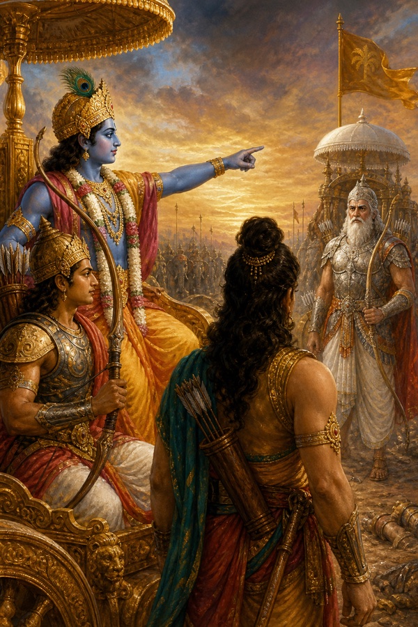 कृष्ण रथ से दूर खड़े कवचधारी भीष्म की ओर संकेत करते हुए, पास अर्जुन और शिखंडी।